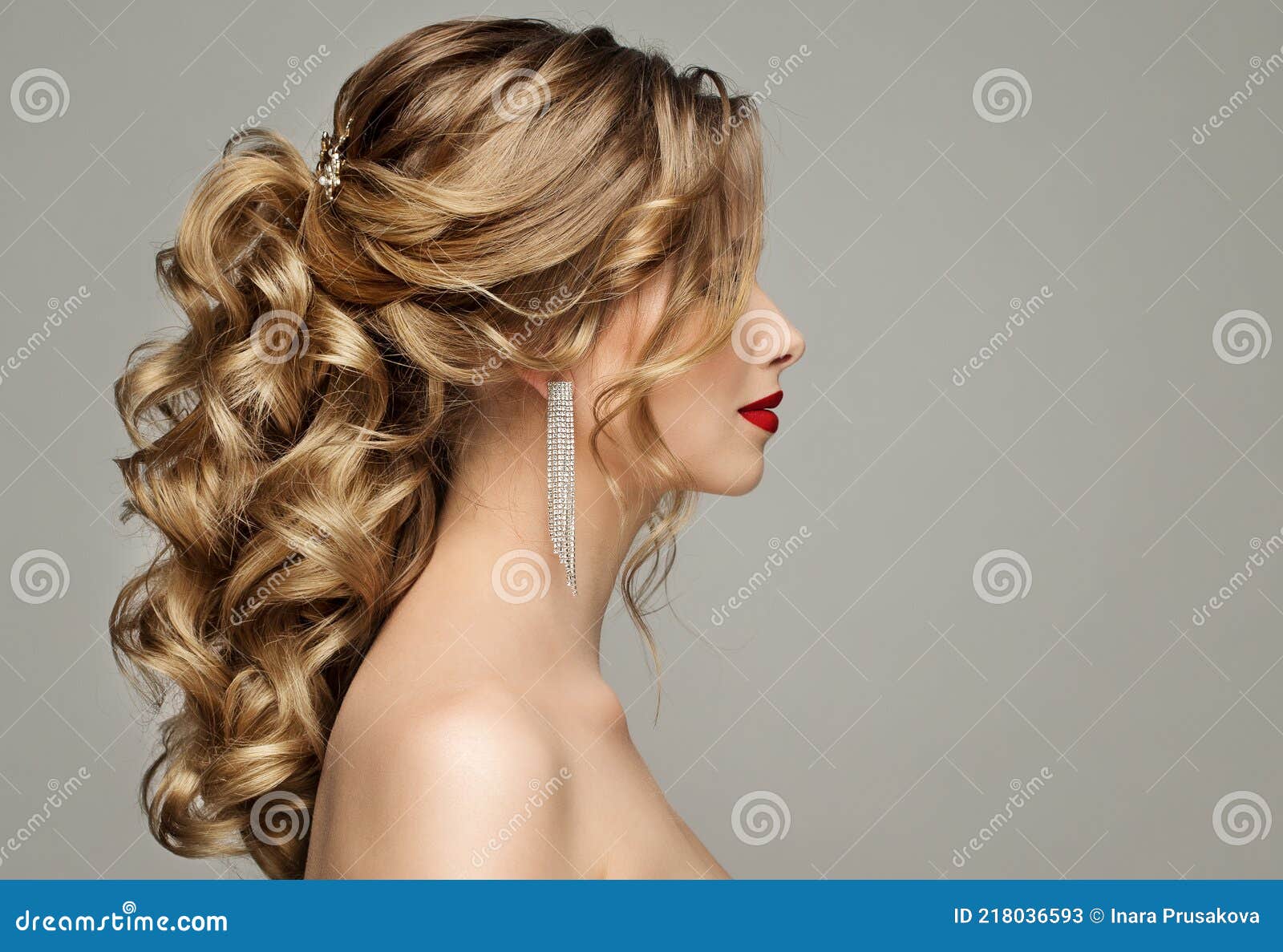 Beauty Woman Hair Style. Bride Wedding Hairstyle Side View. Fashion Model  Portrait with Elegant Curly Hairdo Over Gray Background Stock Image - Image  of evening, beautiful: 218036593