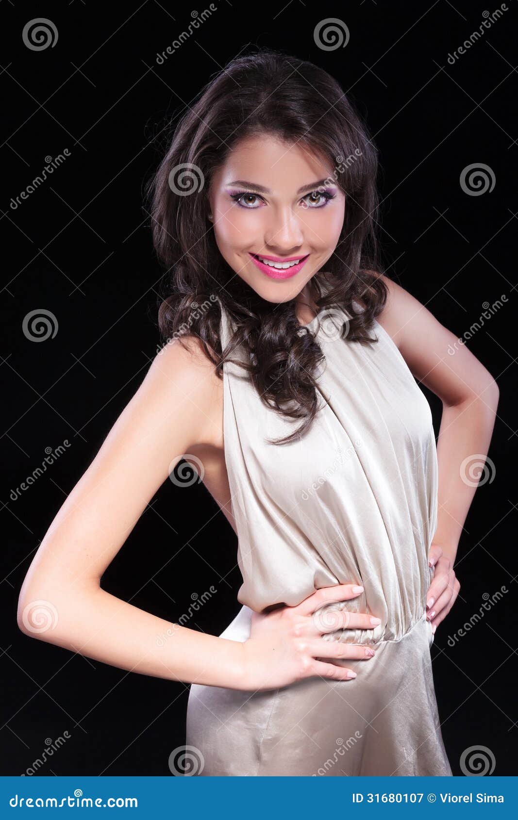 Beauty Woman Holds Hands on Hips and Smiles Stock Image - Image of ...