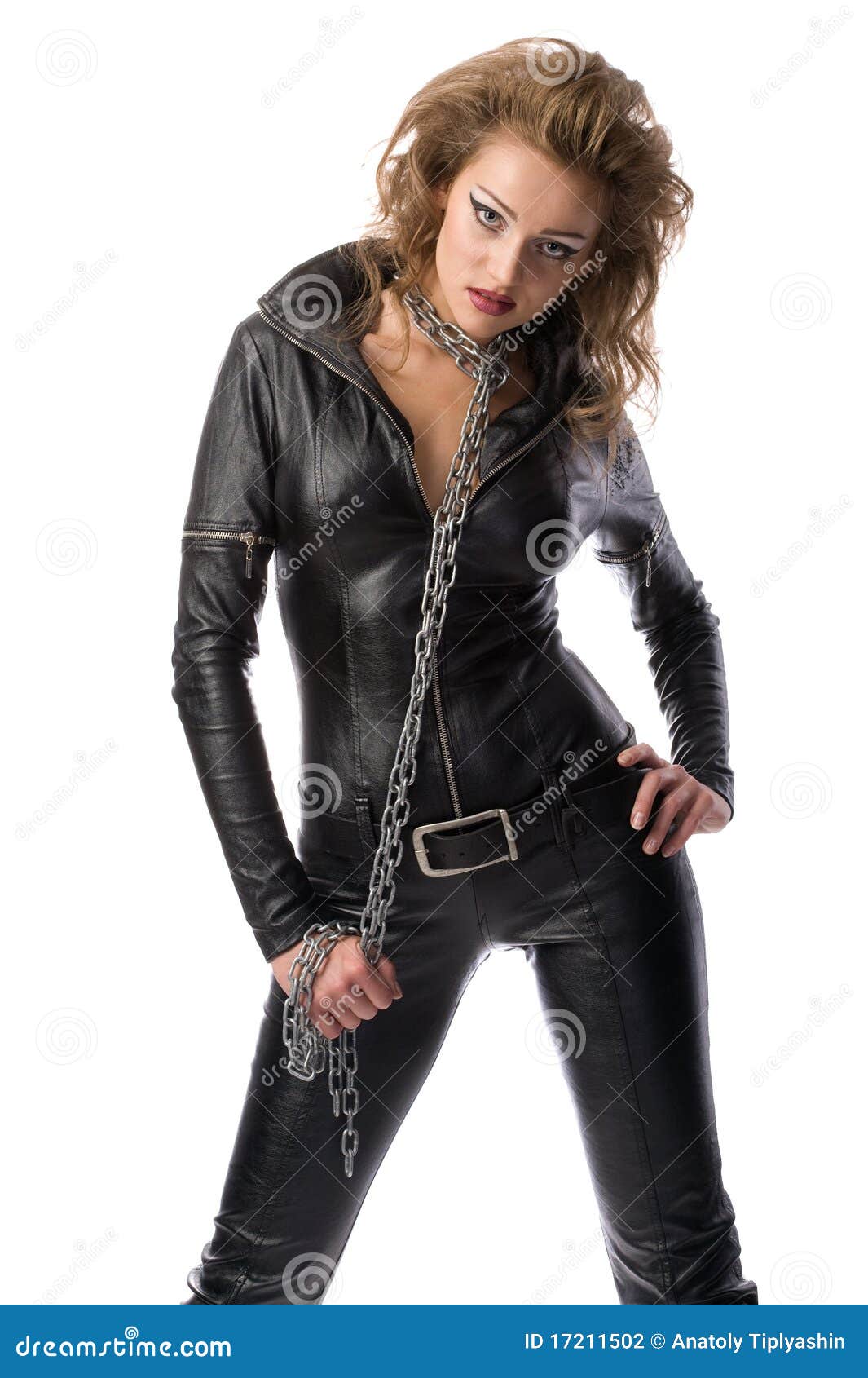 Beauty Woman in Leather Overalls Stock Photo Image of legs, jacket
