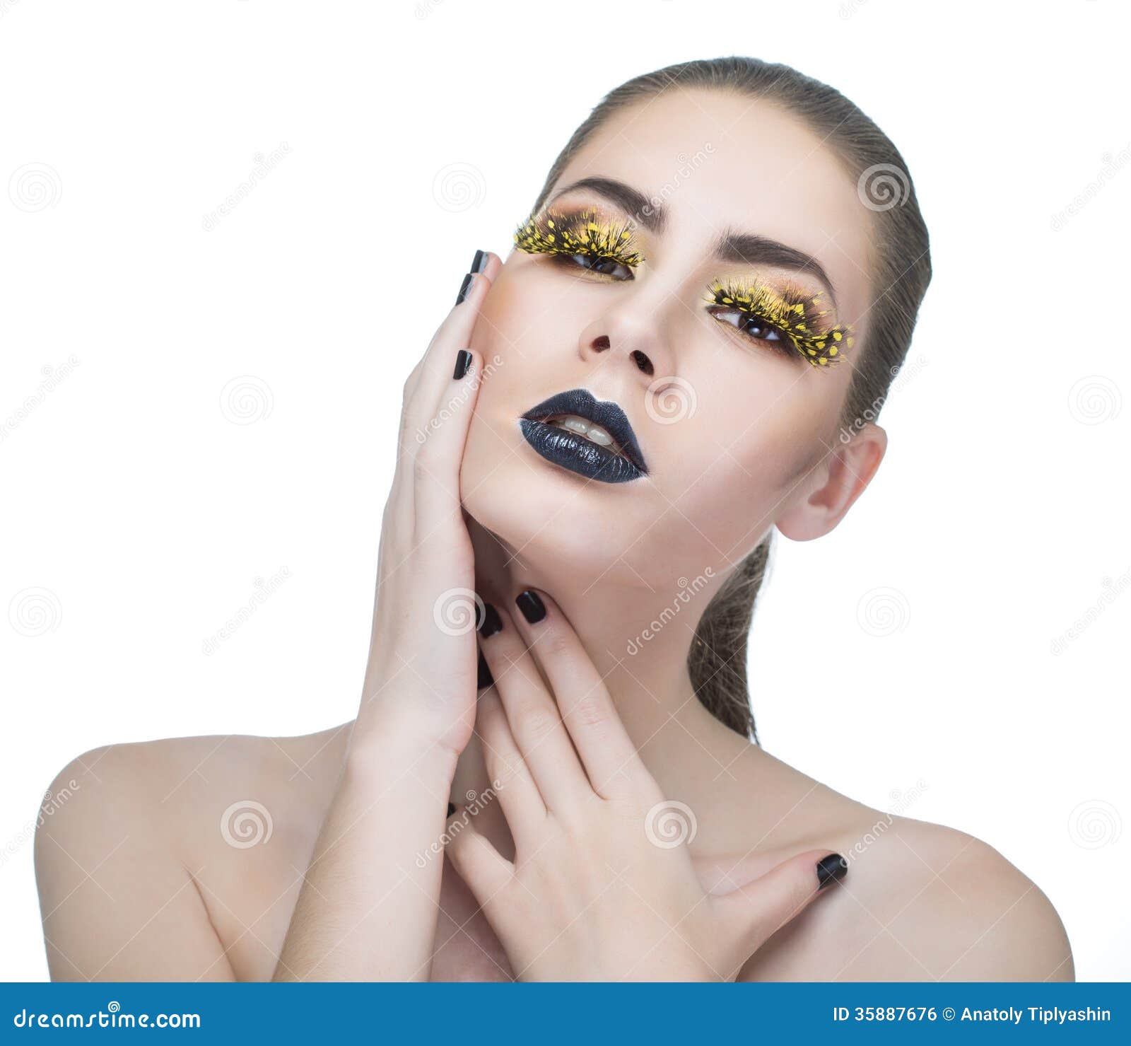 Beauty Woman with Long Yellow Lashes and Black Lips Stock Photo - Image ...