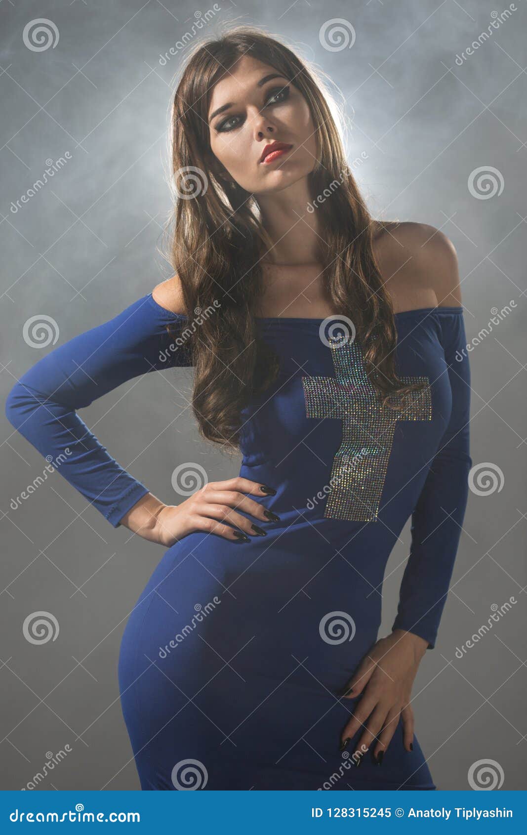 Beauty Young Woman in Blue Dress on Gray Background Stock Image - Image ...