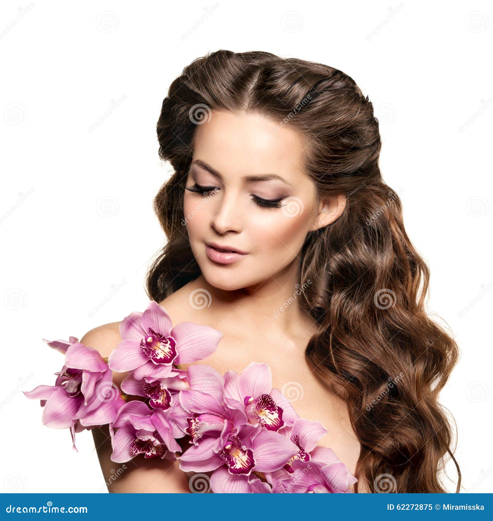 Beauty Young Woman, Luxury Long Curly Hair with Orchid Flower. H Stock  Image - Image of curly, face: 62272875