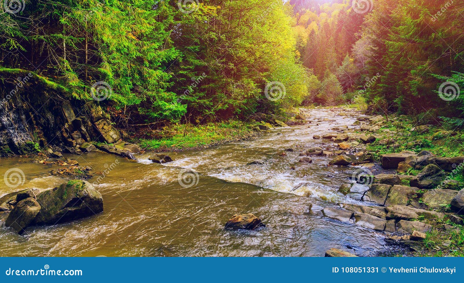 Beautyiful Autumh Landscape Small Mountain River Surrounded By Green