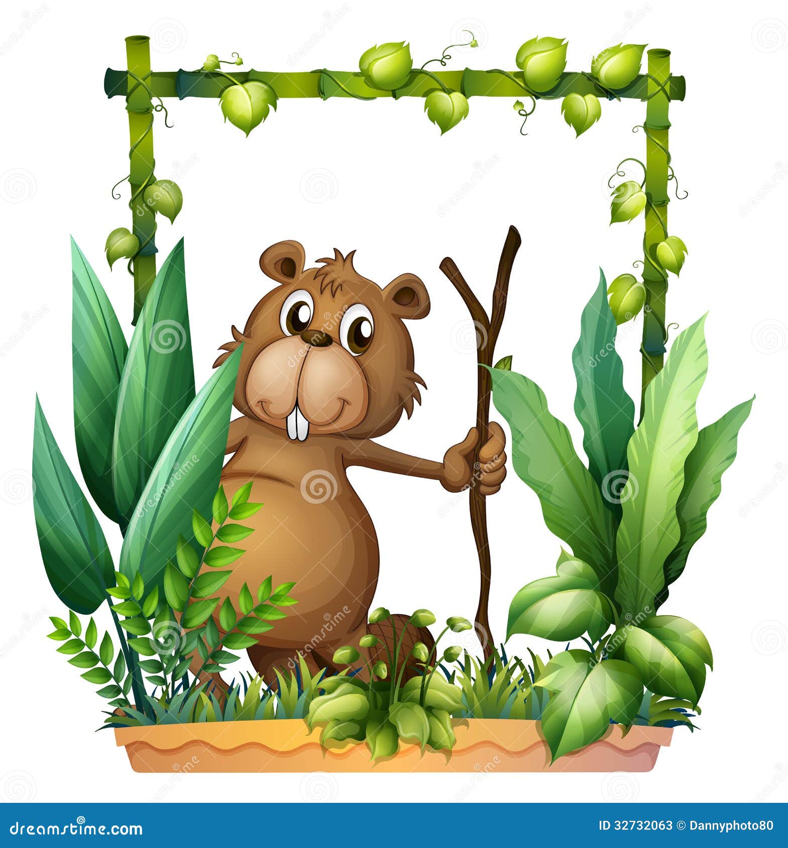 Beaver Holding A Chainsaw Standing On A Stump On A Green Background