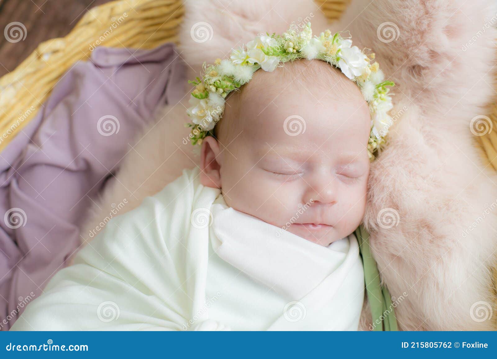 oro Excesivo Rechazado Bebé Niña En Una Cesta De Mimbre De Vid Decorada Con Piel Rosa En Un Ligero  Devanado Y Una Corona De Flores En Su Cabeza. Foto Pri Foto de archivo -  Imagen