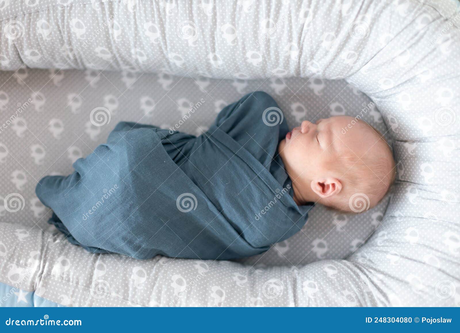 Bebé Recién Nacido Durmiendo Y Nadando En Trapo Azul Tendido En Nido Gris.  Foto de archivo - Imagen de llevado, azul: 248304080