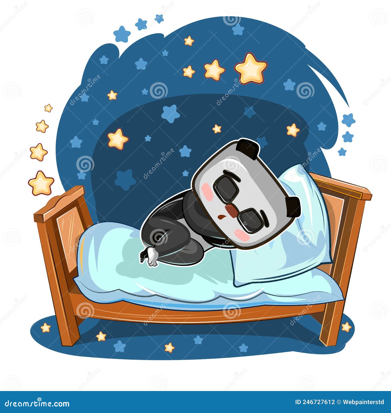 Bebê Panda Dorme Na Cama. Sonho. Noite E Estrelas. Ilustração