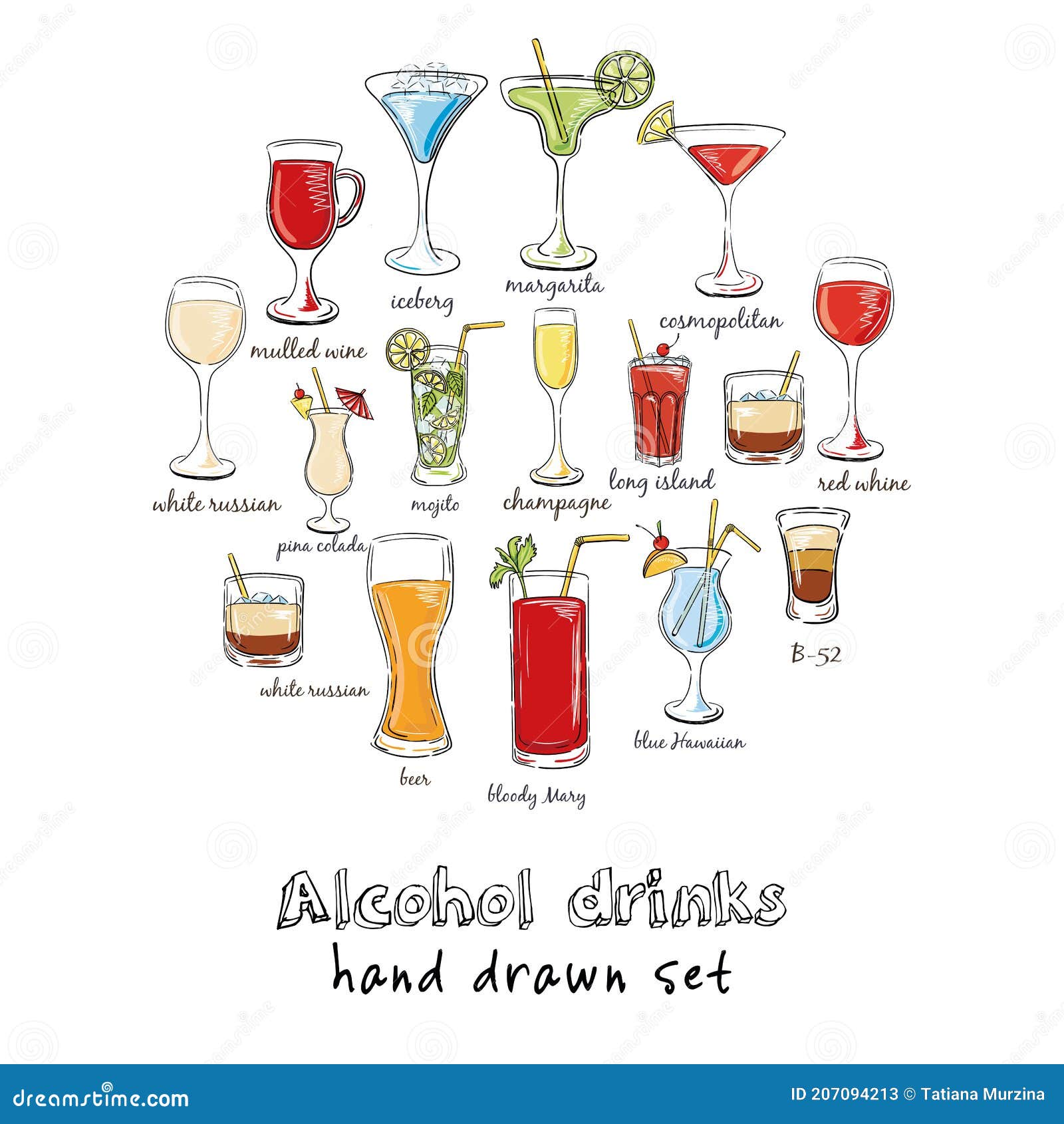 Bebidas Alcohólicas. Ilustración a Mano Del Cóctel, Incluidas Recetas E  Ingredientes. Ilustración del Vector - Ilustración de mano, cristal:  207094213