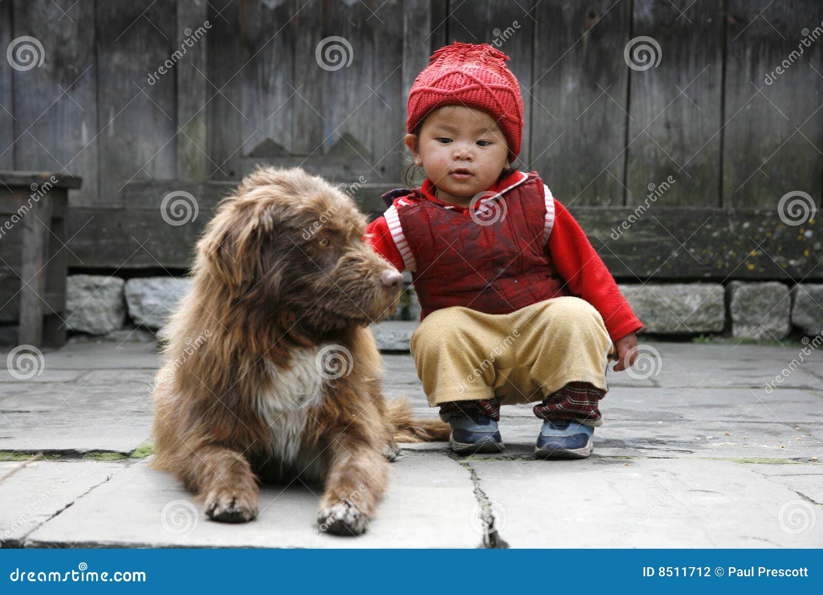 Bebé y perro. Annapurna, Nepal - 20 de marzo de 2008. Bebé joven con su perro de animal doméstico en su aldea en el viaje.