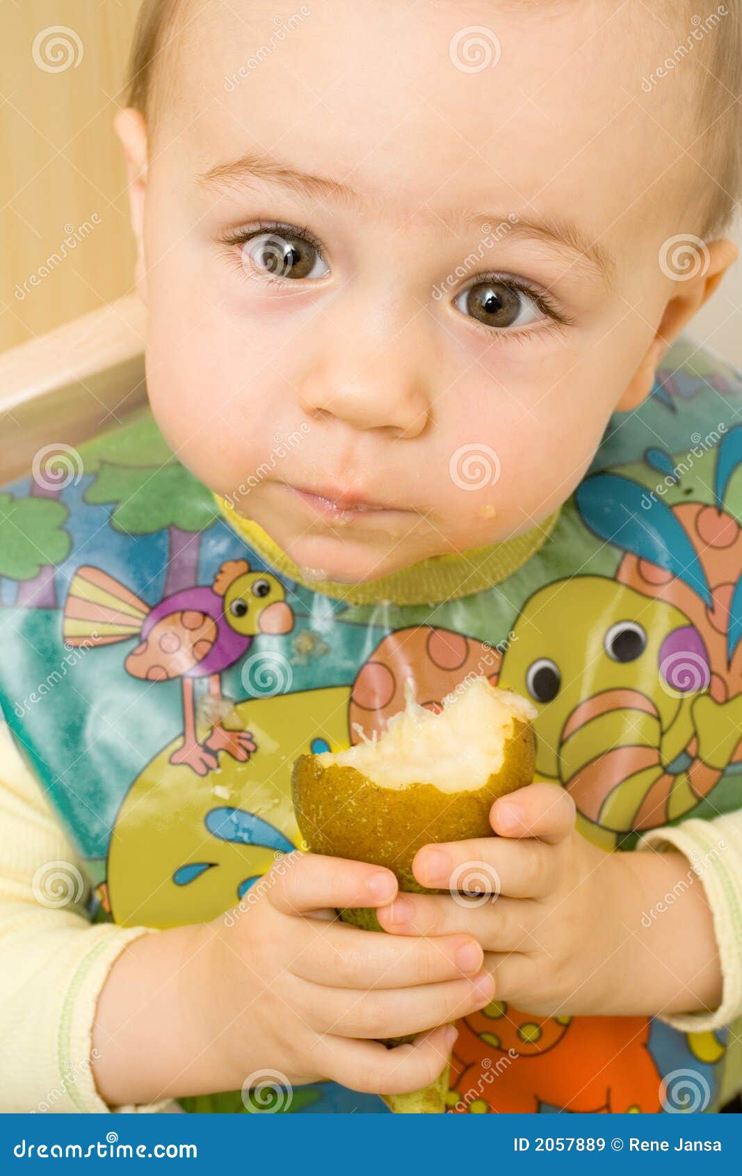 Bebê que come uma pera. Um bebê pequeno adorável com os olhos marrons grandes, desgastando um bib colorido e comendo uma pera fresca.