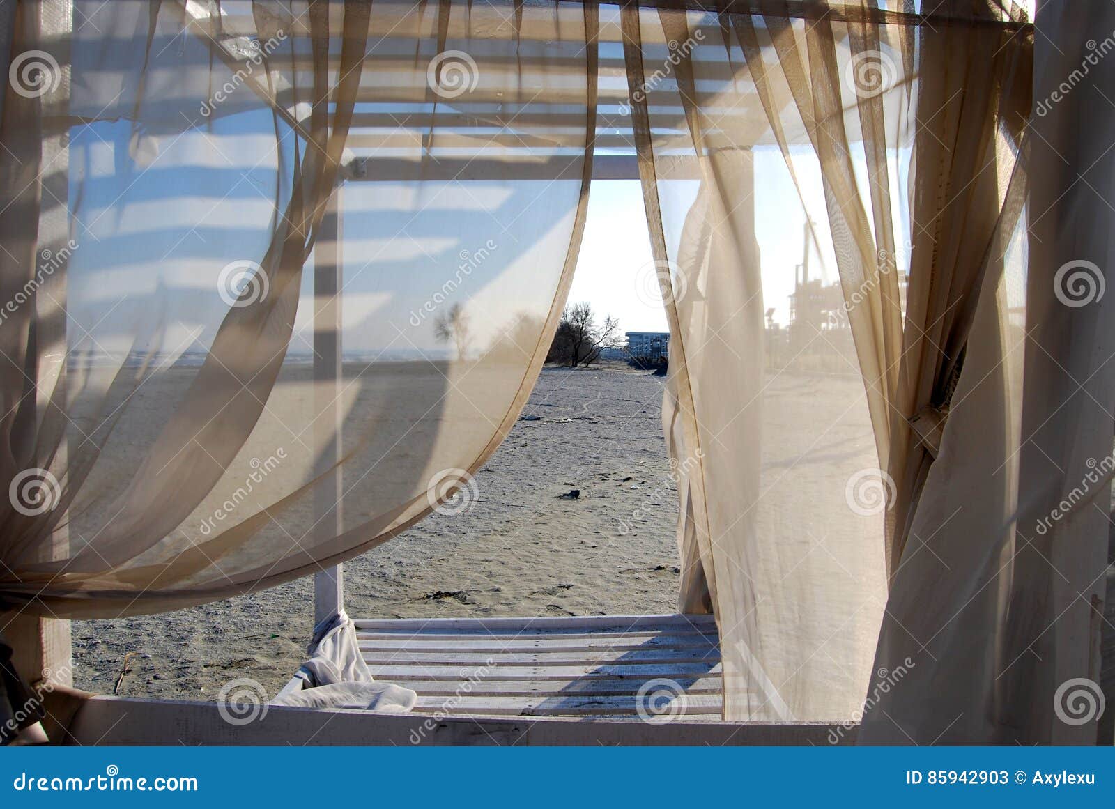 Bed on the beach. stock image. Image of ocean, blue, blind 85942903