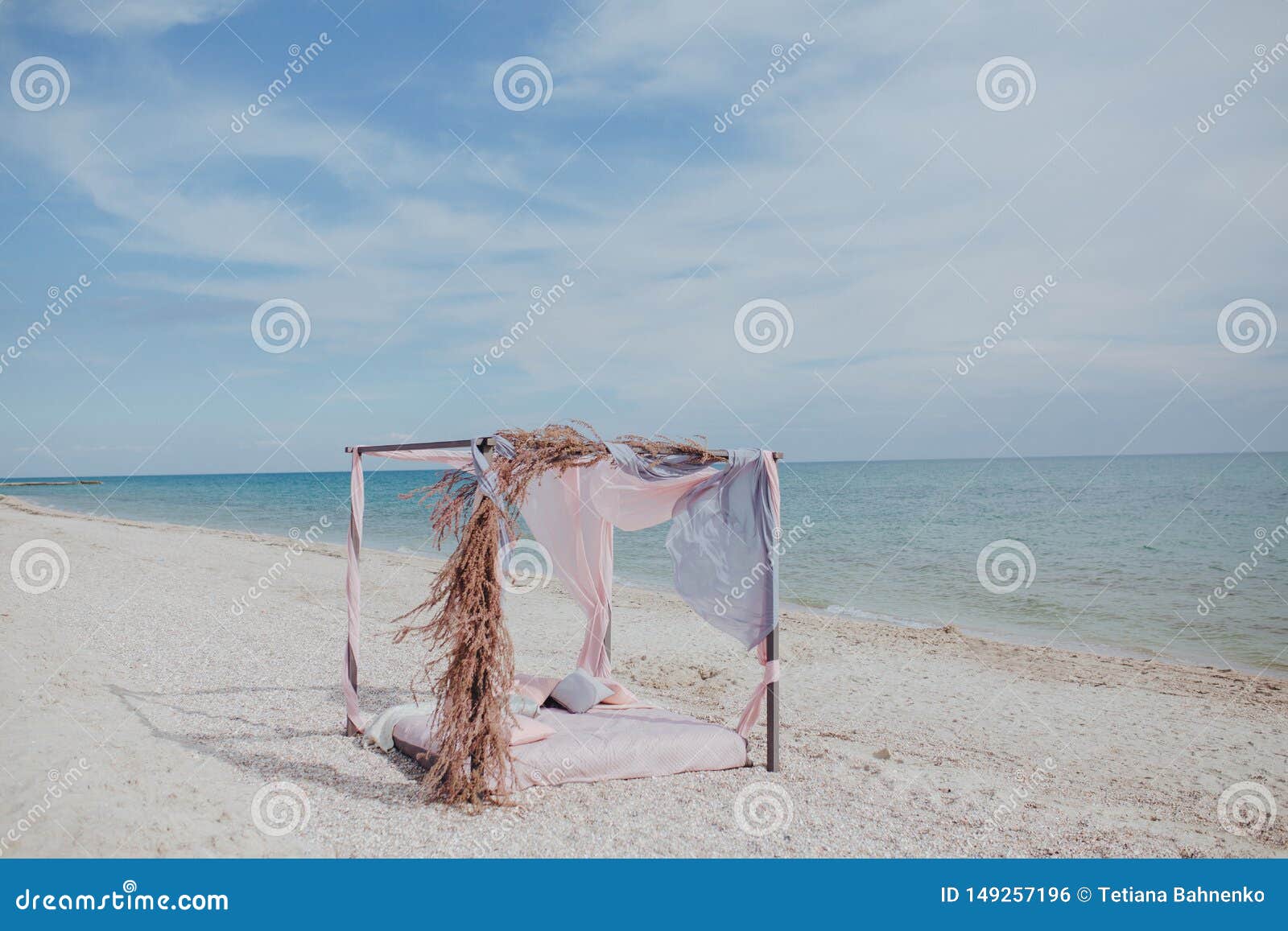 Bed on the Beach Under an Awning Stock Photo Image of landscape