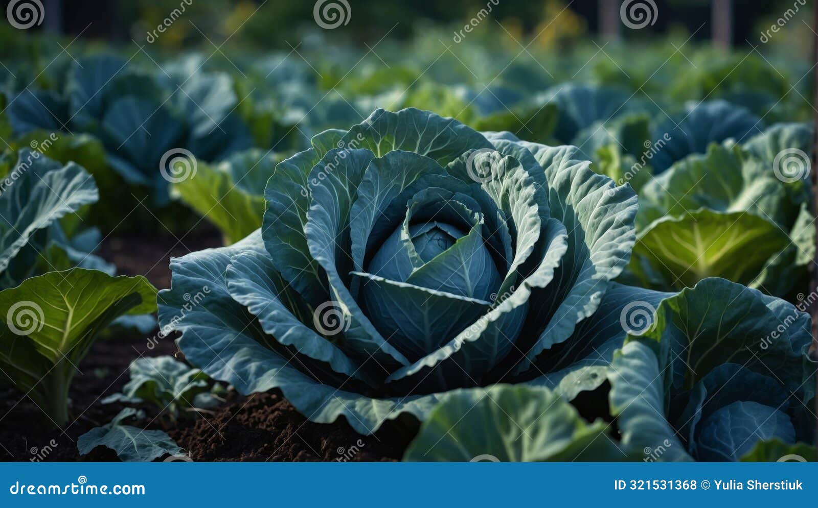 bed of cabbage with blue and green leaves in a vegetable garden.