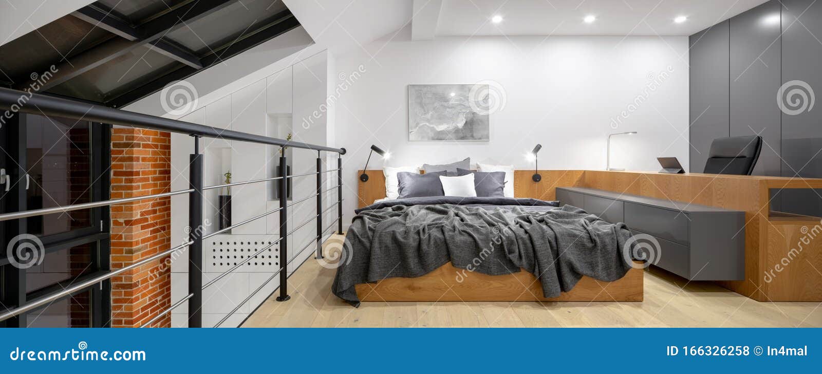 Bed And Desk On Mezzanine Stock Photo Image Of Grey 166326258