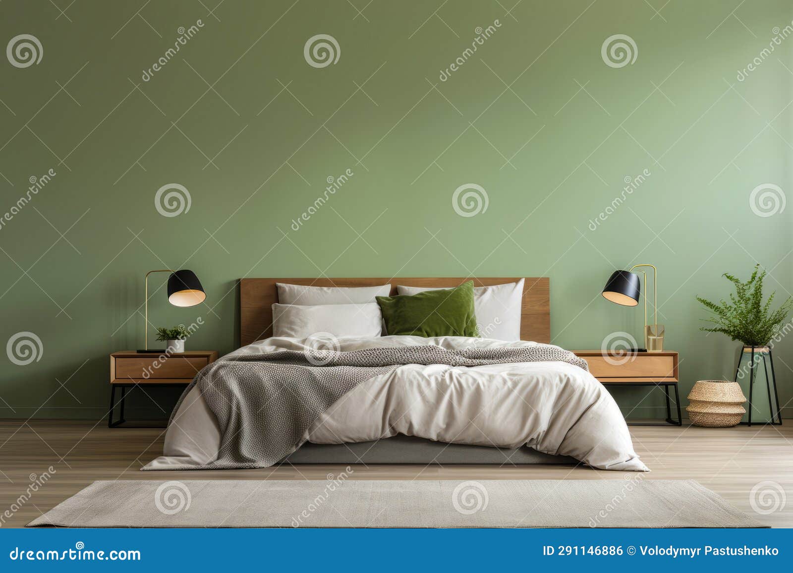 Bed with Green Wall and White Blanket on it. Generative AI Stock