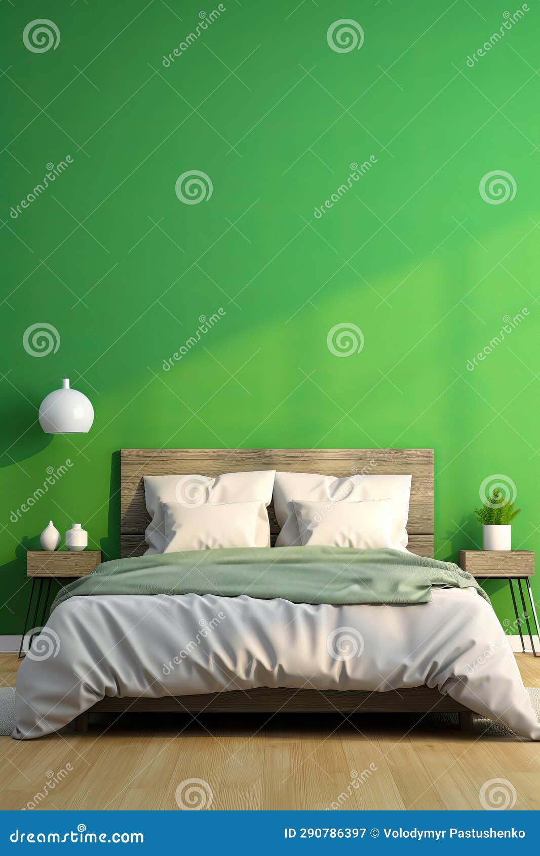 Bed with Green Wall and White Lamp on the Side. Generative AI Stock