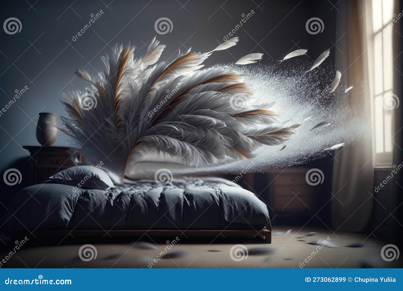 Bed with Flying Feathers. Creative Design Concept. Ai Generation Stock