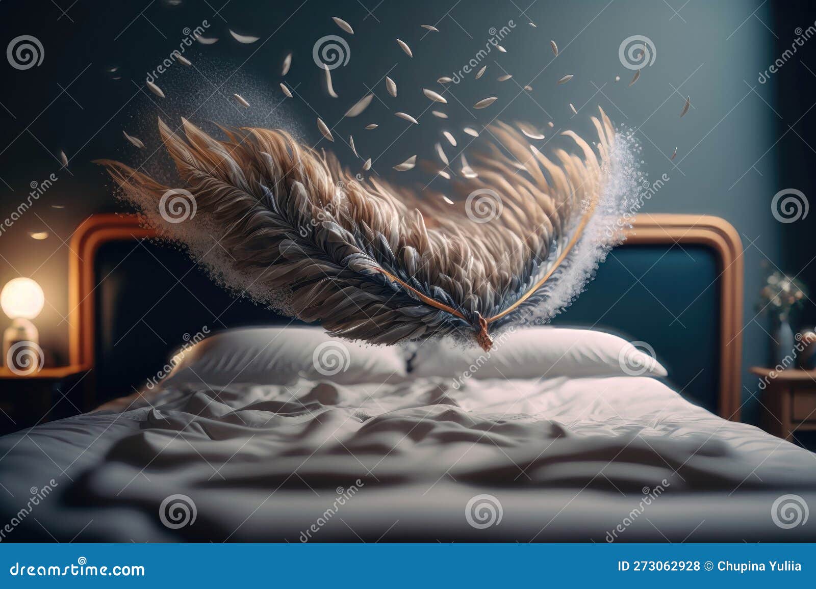 Bed with Flying Feathers. Creative Design Concept. Ai Generation Stock