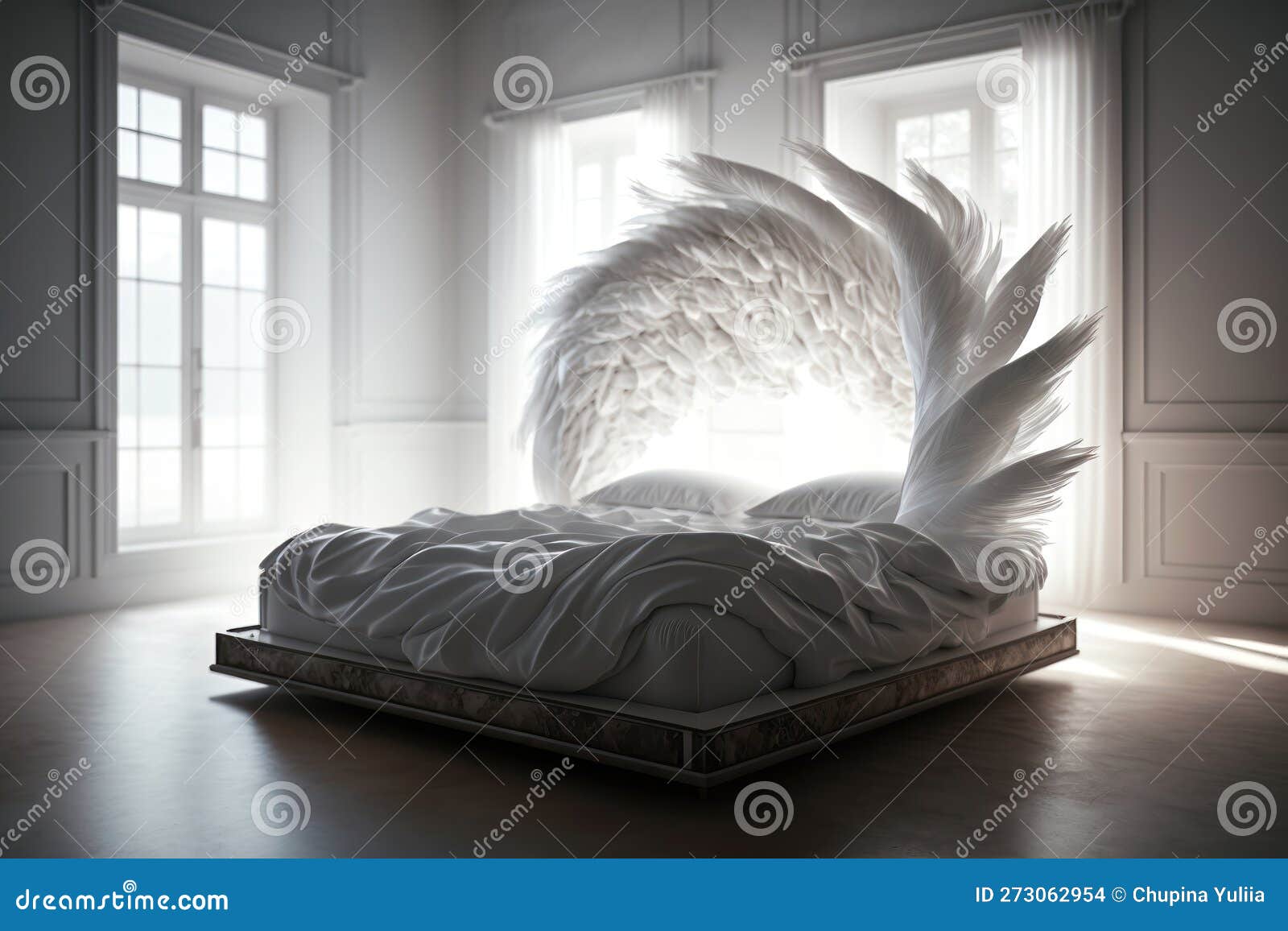 Bed with Flying Feathers. Creative Design Concept. Ai Generation Stock