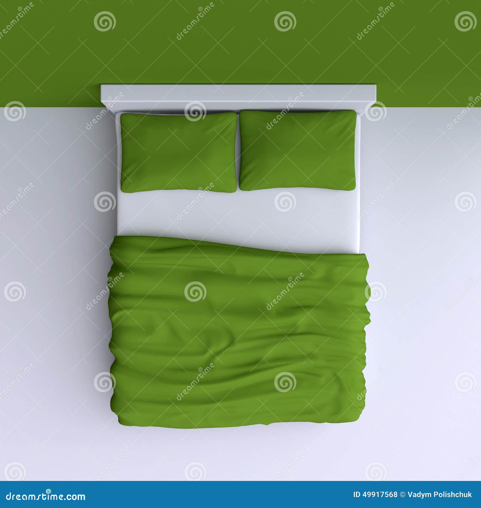 Bed with Pillows and a Blanket in the Corner Room, 3d Illustration. Stock Illustration