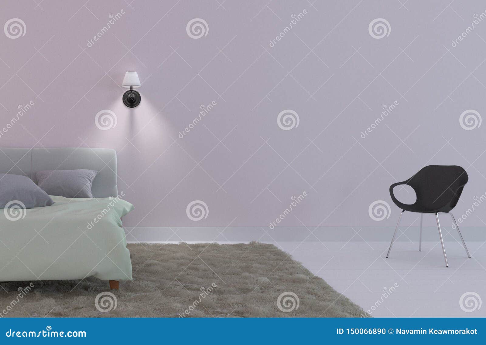 bed room interior - elegent style with chair and lamp, white floor empty white wall background. 3d rendering