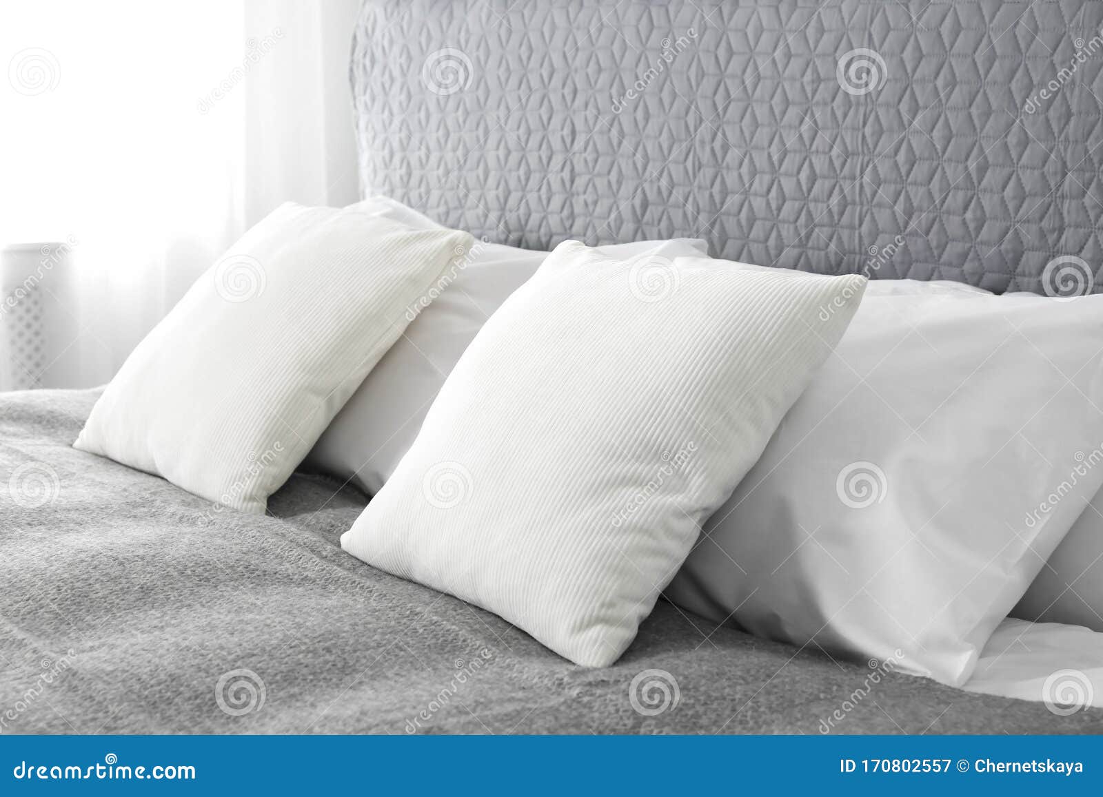 Bed with Soft Fluffy Pillows at Home Stock Image Image of lifestyle