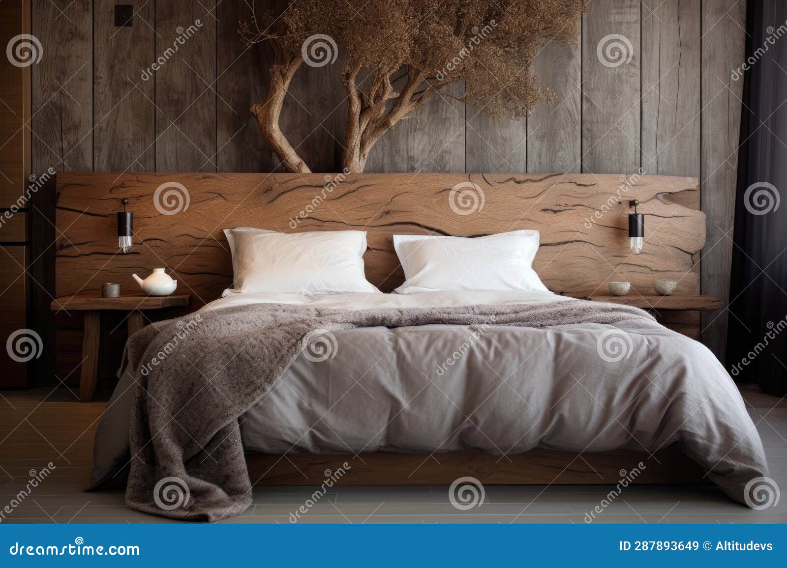 Bed with a Stylish Wooden Headboard and Linens Stock Image - Image of ...