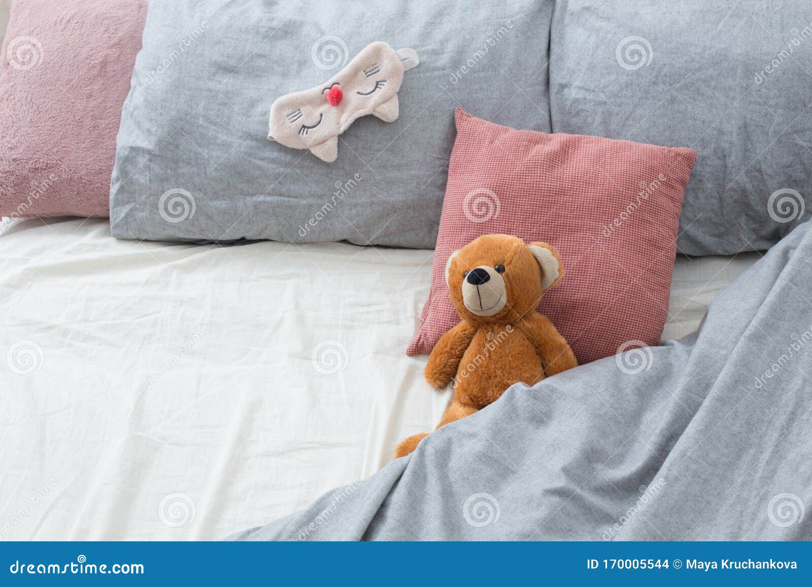 Bed with Teddy Bear on Gray Linens Stock Photo Image of decoration