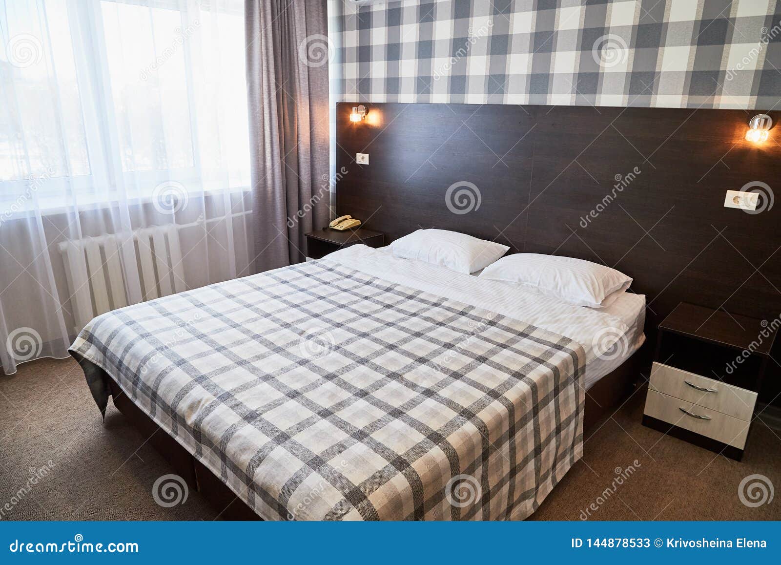 Bed with White Linen and Plaid Pattern Blanket in the Room Stock Image Image of furniture