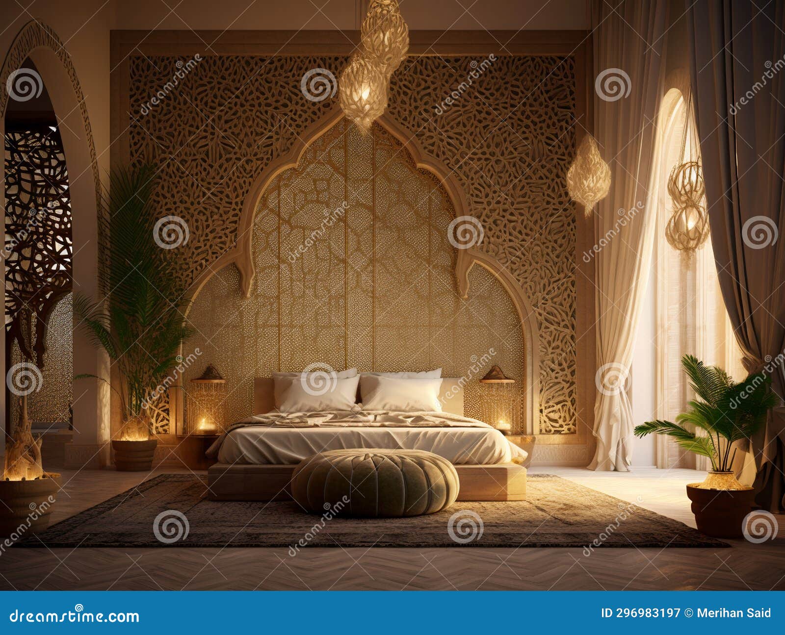 bedroom in arabic interior  style with mashrabiya behind the bed, ai generative