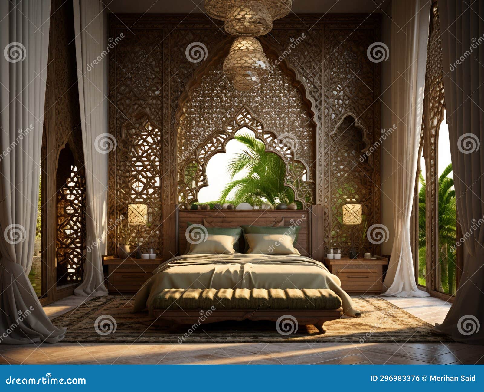 bedroom in arabic interior  style with mashrabiya behind the bed, ai generative