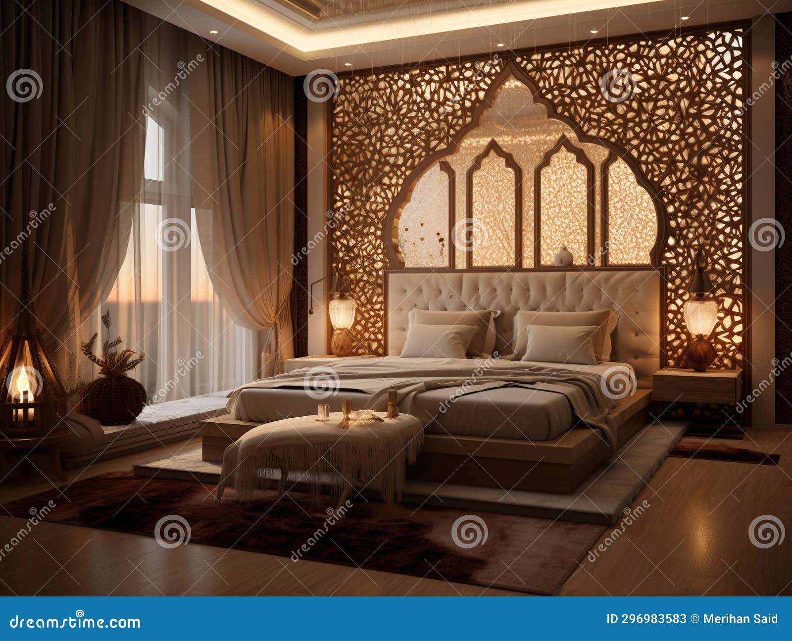 bedroom in arabic interior  style with mashrabiya behind the bed, ai generative