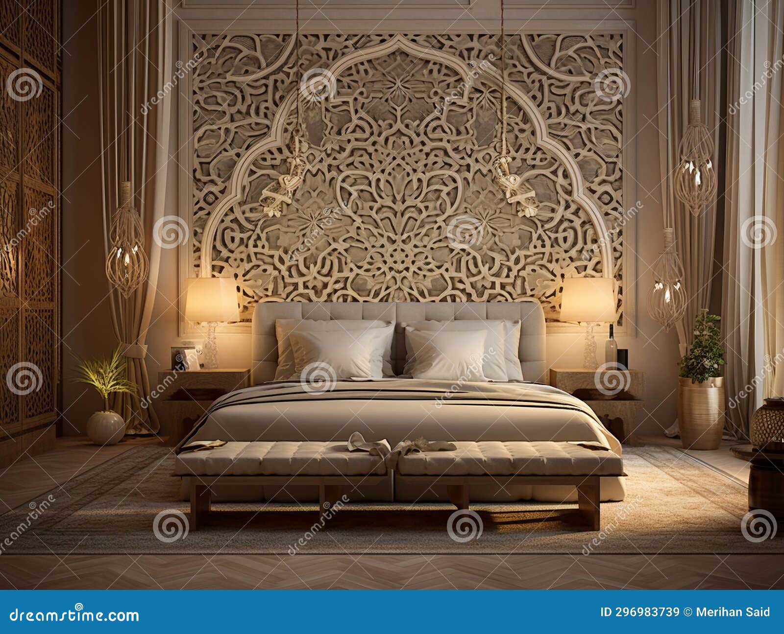 bedroom in arabic interior  style with mashrabiya behind the bed, ai generative