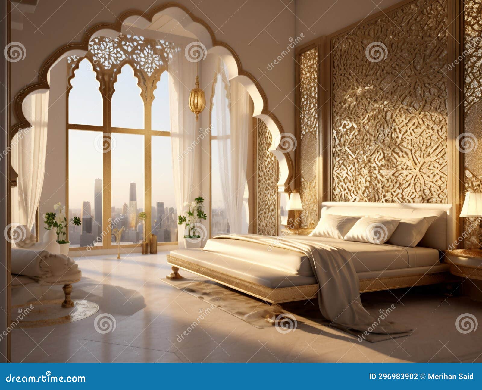 bedroom in arabic interior  style with mashrabiya behind the bed, ai generative