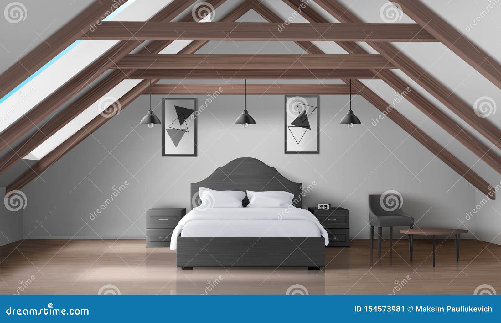 Bedroom On Attic Modern Home Mansard Interior Stock Vector