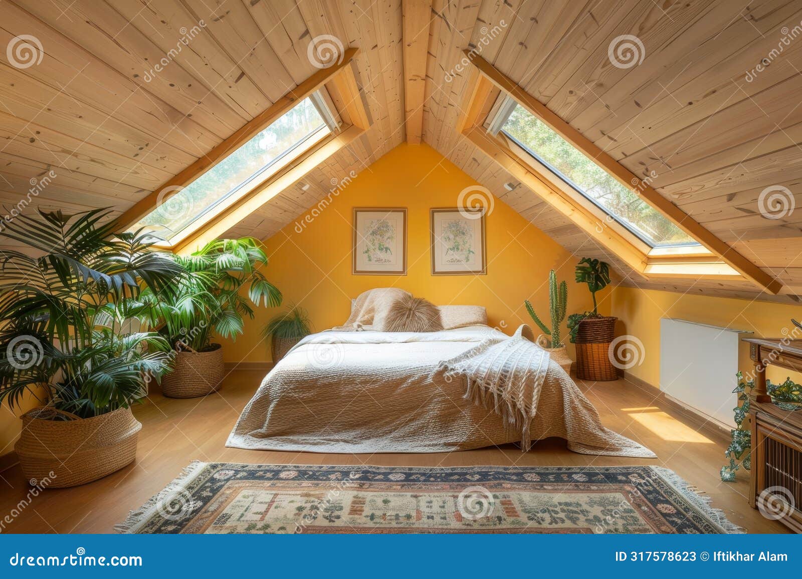 a bedroom with a bed and a rug in a dreamy attic space with sloped ceilings and skylight, a dreamy attic space with sloped