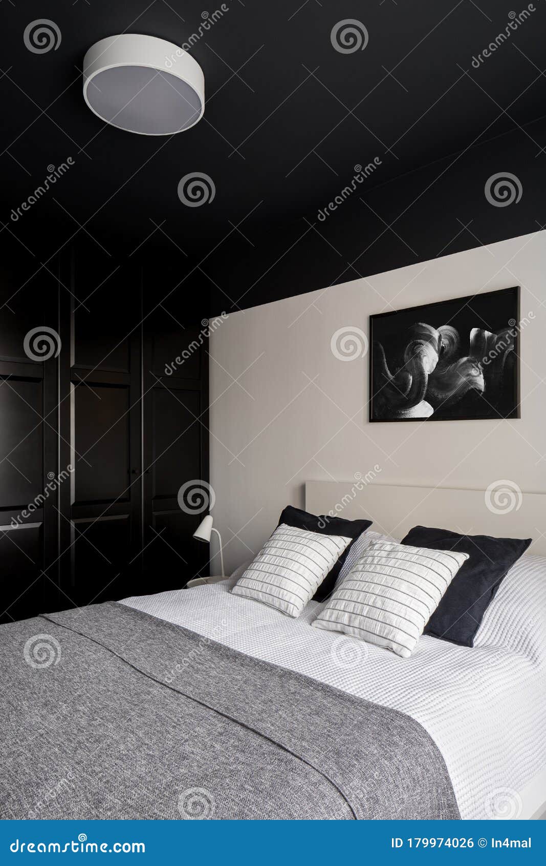 Bedroom with Black Ceiling and Wardrobe Stock Photo - Image of estate ...
