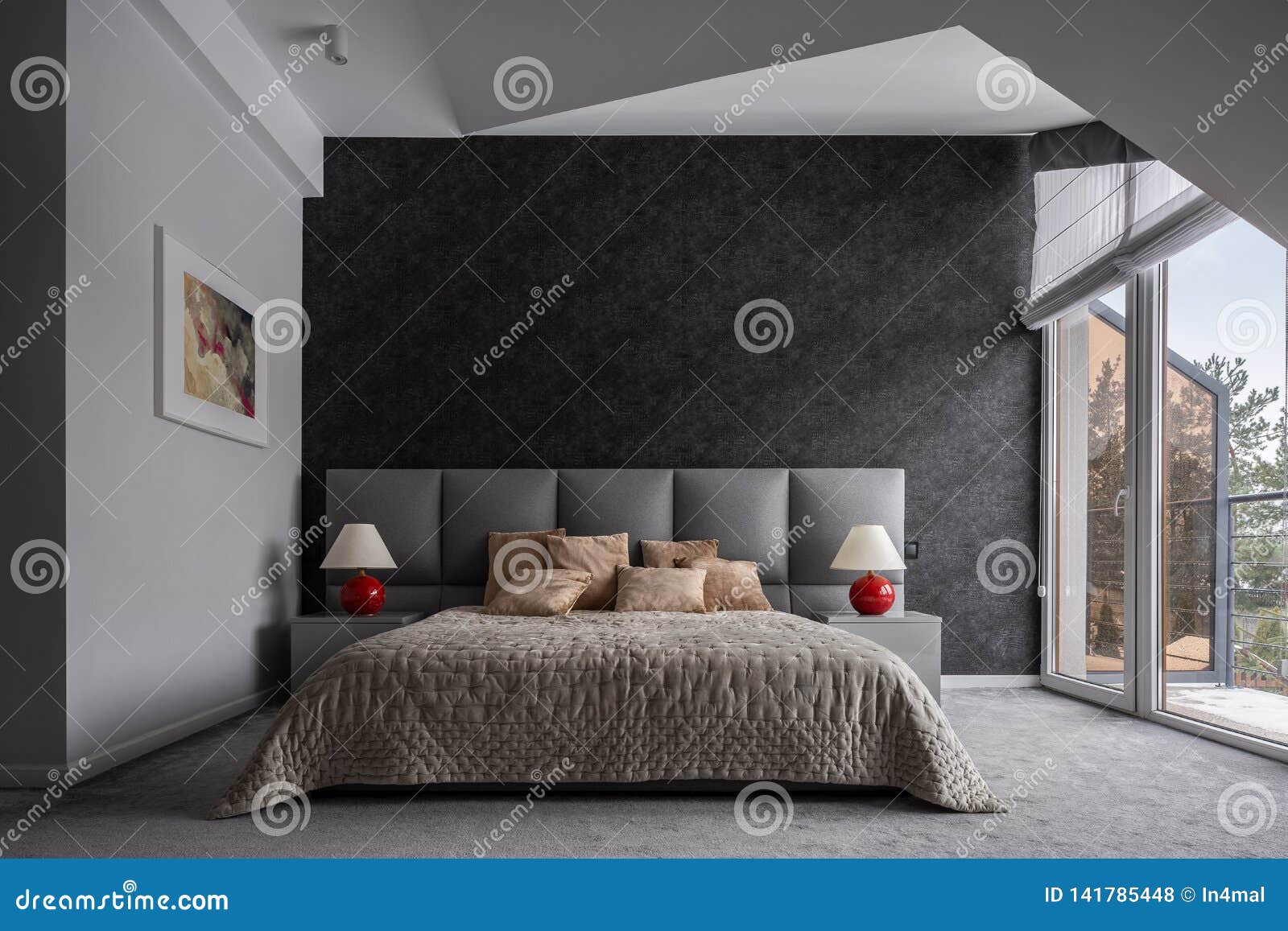 Elegant Bedroom with Black Wallpaper Stock Photo - Image of home, indoor:  141785448