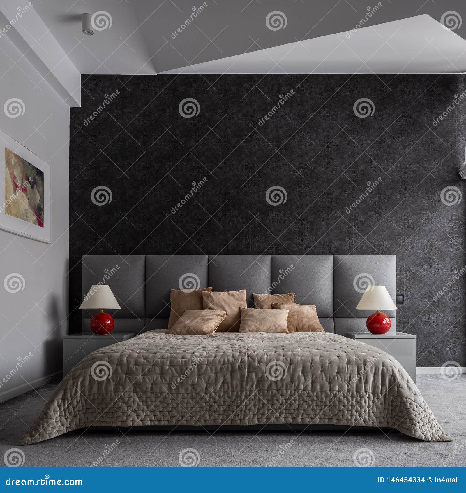 Modern Bedroom with Black Wallpaper Stock Photo Image of home, cushion 146454334