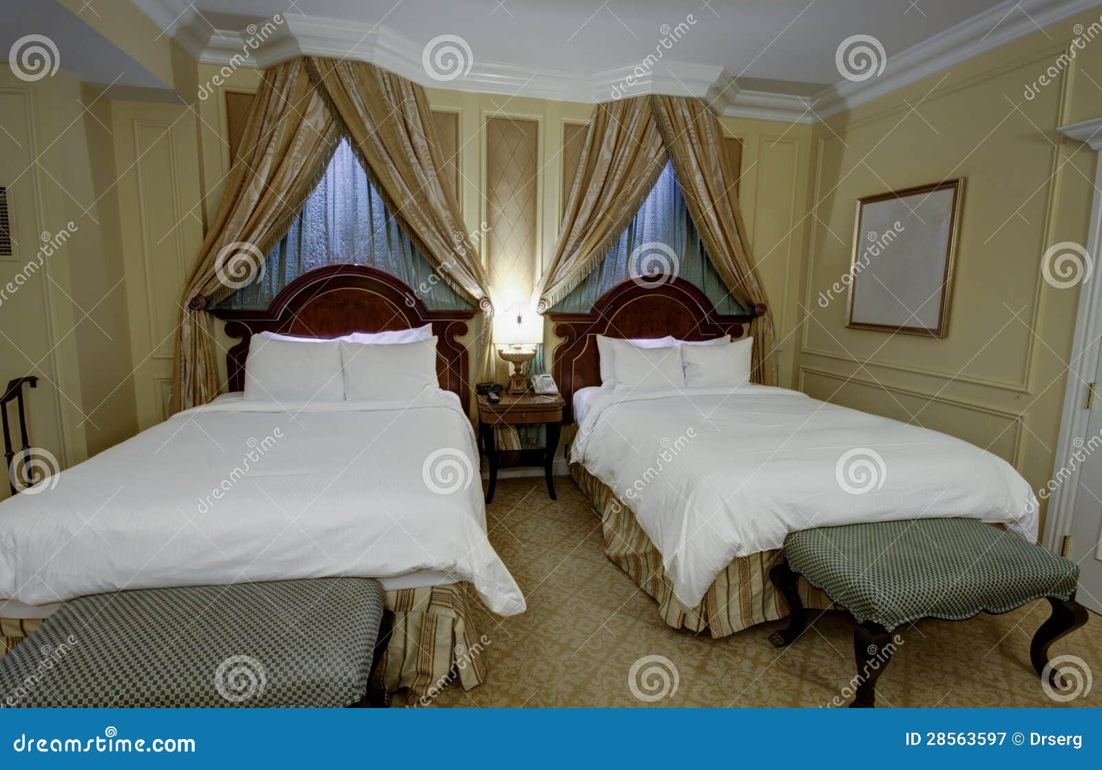 Bedroom with Canopy Two Kingsize Beds Stock Image Image of indoors