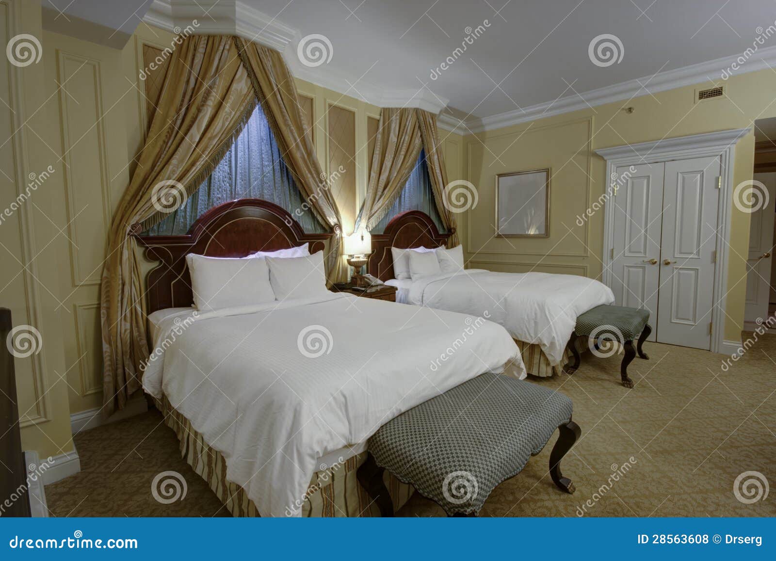 Bedroom with Canopy Two King-size Beds Stock Photo - Image of door ...