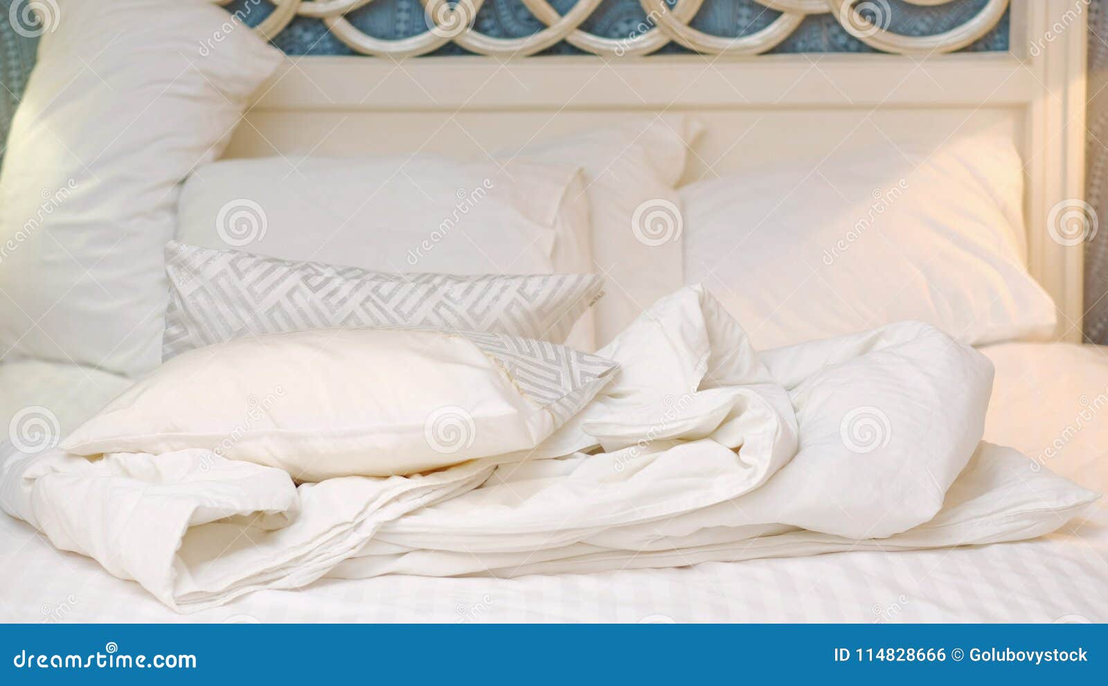 Bedroom Comfort Bedding Sheets Woman Making Bed Stock Photo