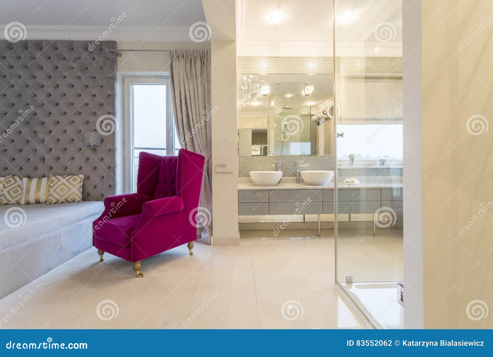 Bedroom Connected with Bathroom Stock Photo Image of decor, mirror