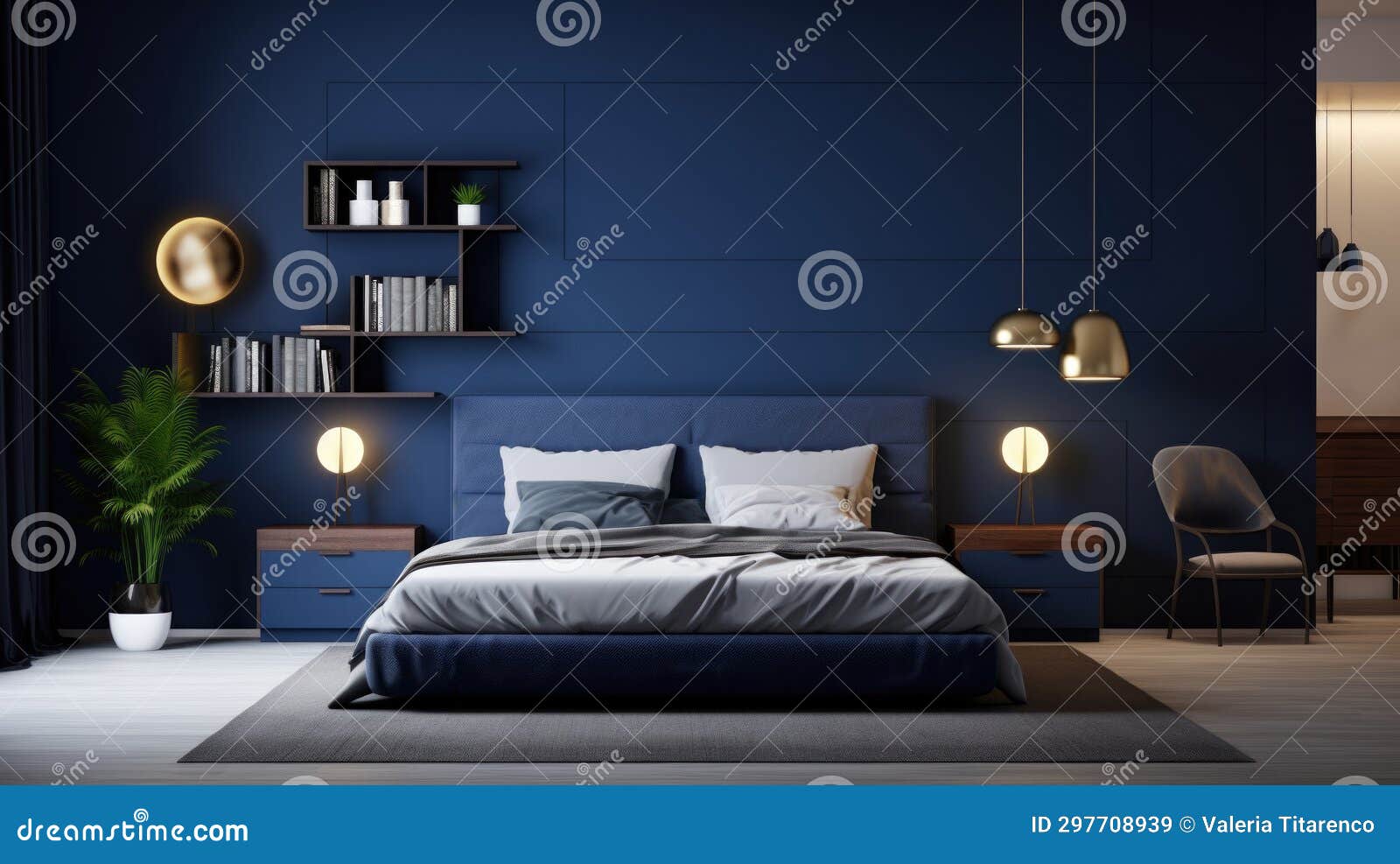 Bedroom Dark Blue Interior Design for Inspiration and Ideas. Stock