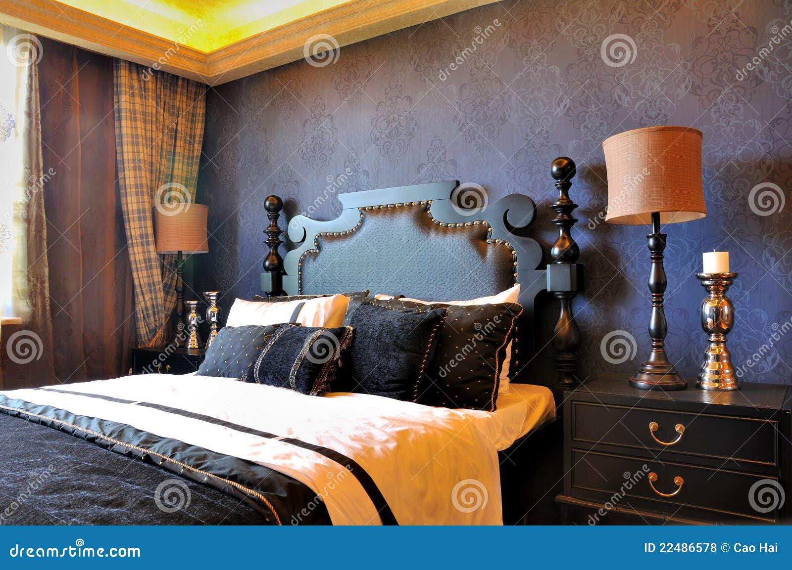 Bedroom Deep Blue Decoration in Noble Style Stock Photo Image of curtain, interior 22486578