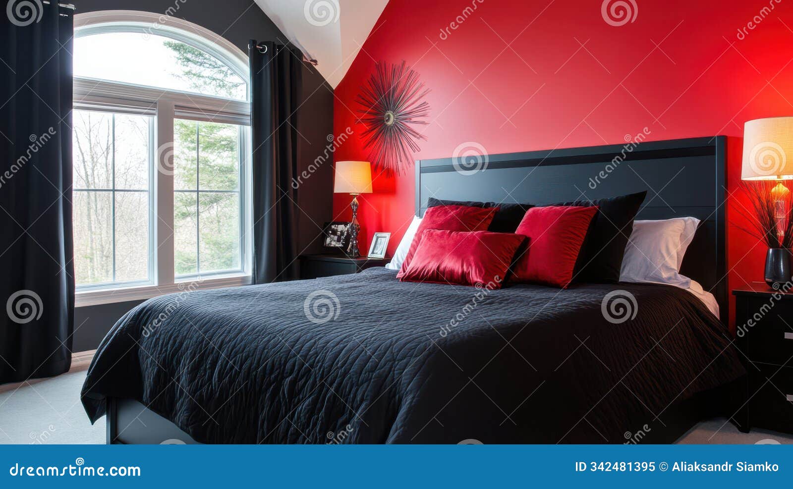 Bedroom Design with Black Bed Against Red Accent Wall Stock Illustration -  Illustration of window, contemporary: 342481395, image size:1600x987