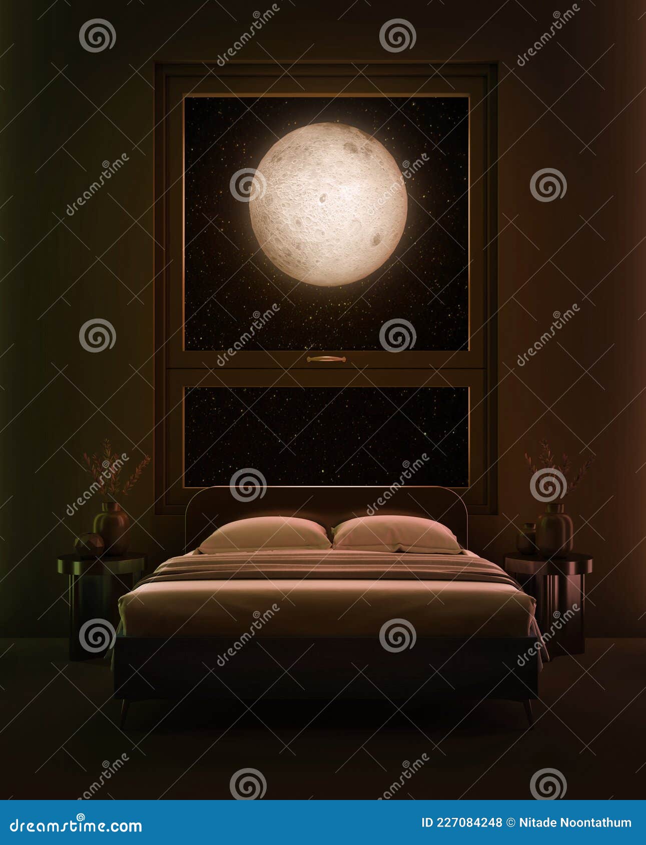 Bedroom in the Full Moon Night with Moonlight Drop through the Window