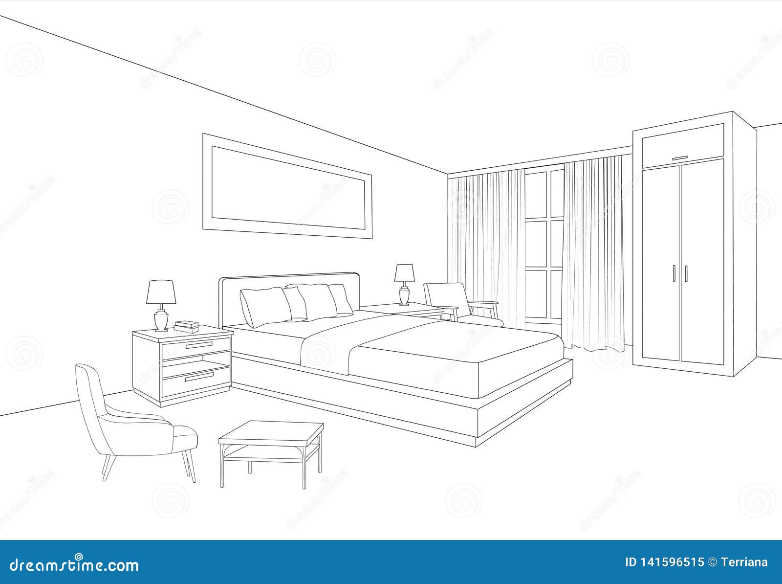 Bedroom Furniture Interior Room Line Sketch Drawing Stock