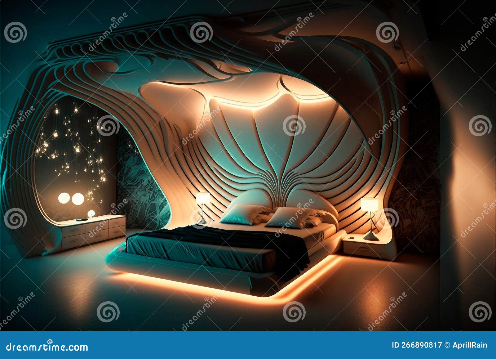 Bedroom of the Future, a Bedroom in a Futuristic Design Stock