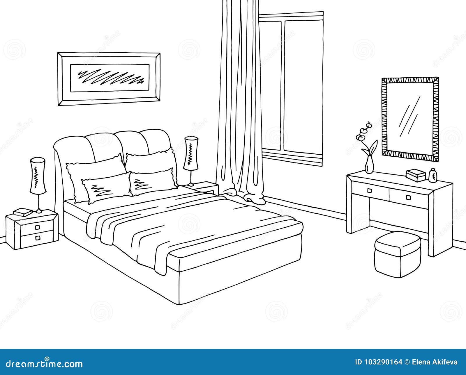 Bedroom Graphic Black White Interior Sketch Illustration Vector Stock
